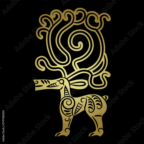 Stylized deer with spiral antlers. Ancient Sarmatian animal design. Golden silhouette on black background.