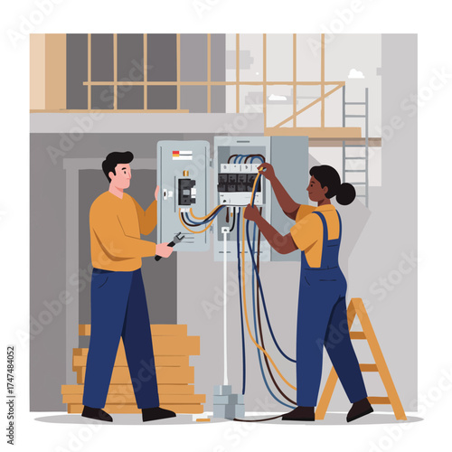 Two electricians working on an electrical panel inside a building under construction, ensuring safe and efficient power distribution.