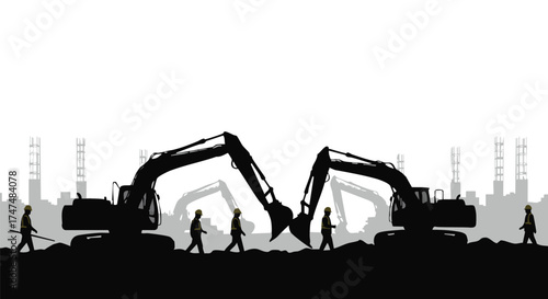 Silhouette view of construction workers and excavators working on a building site with a city skyline in the background, creating a modern design.