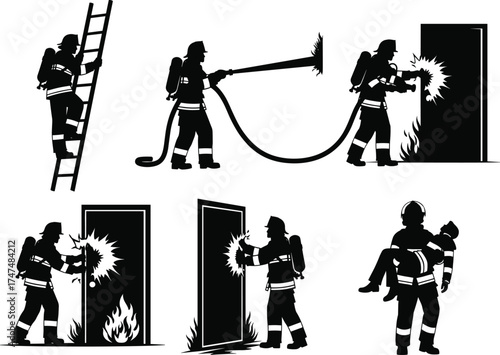 Firefighter rescue scenes, emergency response illustration, fire safety action, brave heroes saving lives, smoke, flames, ladder, hose, door entry, dramatic vector art