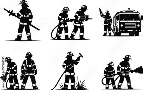 Firefighter teamwork vector, emergency response silhouettes, fire truck, hose, axe, gear, brave rescue action, water spray, safety, protection, black and white illustration