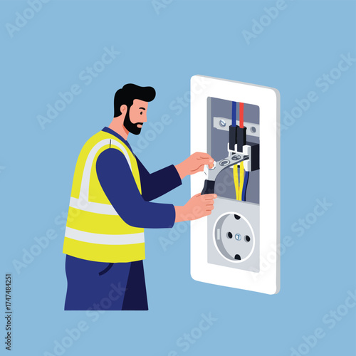 An electrician carefully works on an electrical outlet, ensuring safety and proper wiring with precision in a modern building setting.