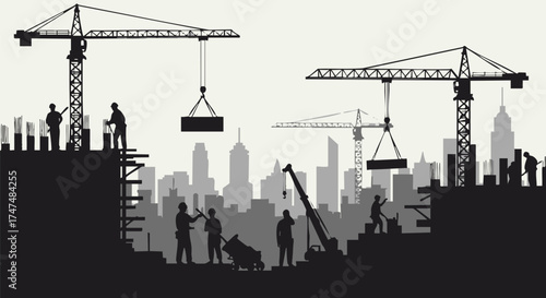 Silhouette of construction workers and cranes building a cityscape with detailed infrastructure, representing urban development and progress.