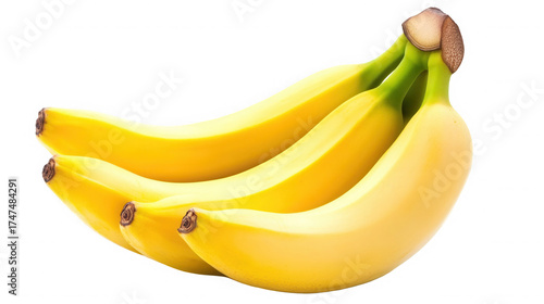 A bunch of ripe yellow bananas with green stems isolated against a  transparent background in close up view