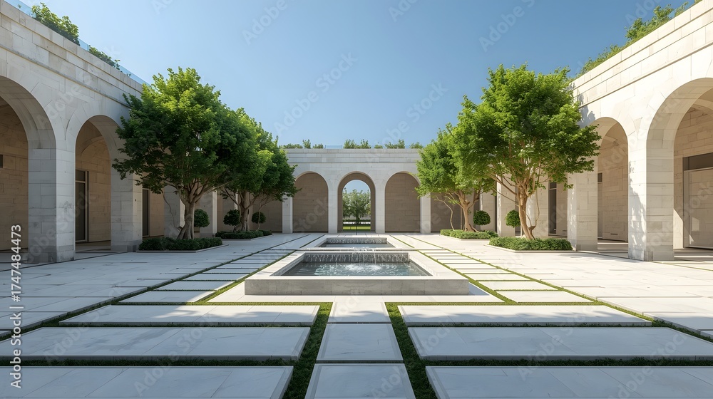 Fototapeta premium Elegant modern courtyard with symmetrical architectural design, stone walls, arched corridors, and minimalist water fountains surrounded by green trees under bright natural daylight and blue sky