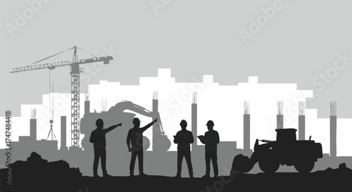 Construction site scene with workers, crane, and heavy machinery silhouetted against a gray sky, representing development and teamwork.