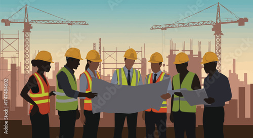 A diverse team of construction workers, wearing hard hats and safety vests, reviews blueprints at a building site with cranes in the background.