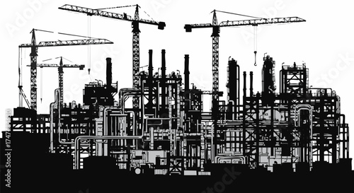 An industrial plant silhouette features towering cranes and complex structures, symbolizing construction, manufacturing, and the energy sector against a stark white background.