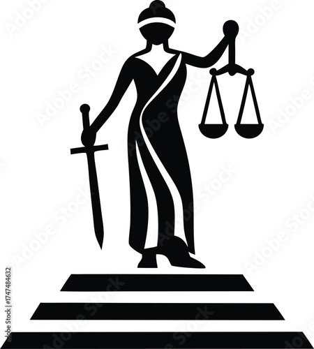 Lady Justice Silhouette with Scales and Sword on Wide Steps vector illustration