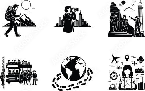 Travel icons vector set, hiking, city tour, world trip, guided tour, adventure tourism, sightseeing, vacation planning, global travel elements illustration