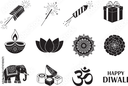 A festive Diwali celebration with fireworks, candles, and gifts.