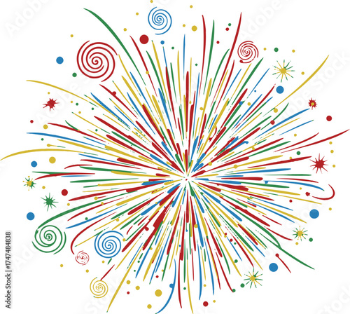 A colorful, abstract fireworks design with a festive, celebratory theme.