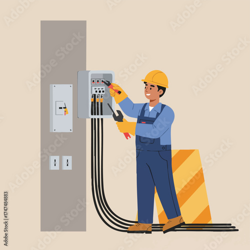 An electrician in a hard hat meticulously works on an electrical panel, ensuring safety and efficient power distribution in a building.