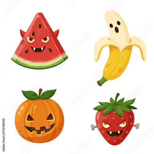 Cute Halloween Fruit Characters and Jack-o'-lantern Illustration Set