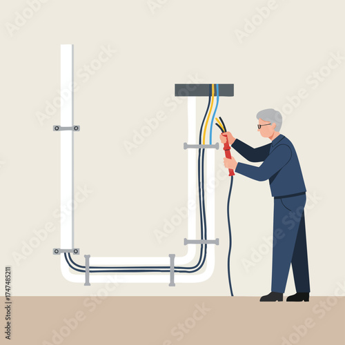 An electrician carefully works on wiring, using tools to ensure a safe and functional electrical system in a building during installation or repair.
