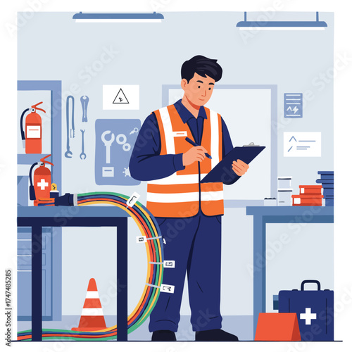 An electrician in a workshop carefully examines a document, surrounded by tools and safety equipment, ensuring proper electrical work.