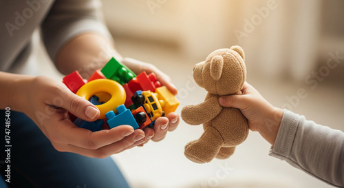 Adult and child hands with building blocks and teddy bear