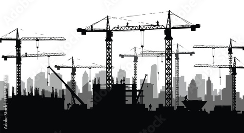 Silhouette of numerous construction cranes and buildings, depicting urban development and infrastructure against a bright sky, symbolizing progress and growth.