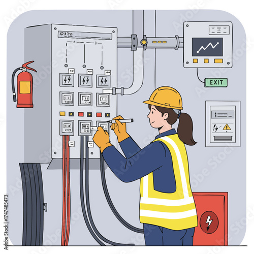 An electrician in a yellow hard hat and safety vest inspects the electrical panel, ensuring safety and proper functionality in the building.