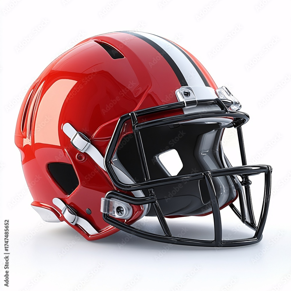 Fototapeta premium A red sports helmet, showcasing the essential gear for a dynamic competition, is isolated in white background. This protective equipment represents safety and readiness for the game.