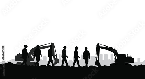 Silhouette of construction workers and excavators against a white background, representing teamwork and urban development in progress.