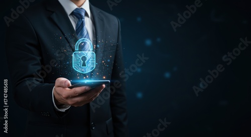 Wallpaper Mural Person in suit holding phone with digital padlock floating above it. Torontodigital.ca