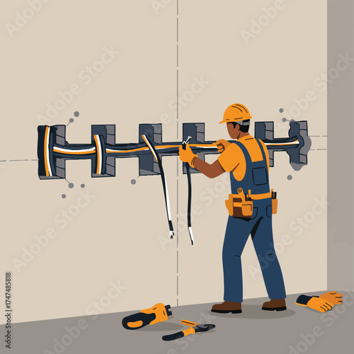 An electrician carefully installs electrical wiring within a wall, ensuring proper connections and safety for a residential or commercial building.
