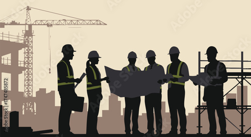 A construction team reviews blueprints on a building site, with a crane and scaffolding in the background, planning the project's development.
