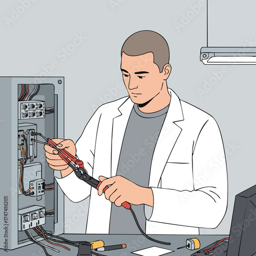 An electrician in a lab coat carefully works on electrical wiring, using pliers to connect and manipulate wires inside a control panel.