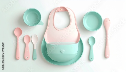Adorable baby feeding set in pastel colors for stylish modern families, perfect for mealtime fun and easy cleanup with bib, bowls and spoons