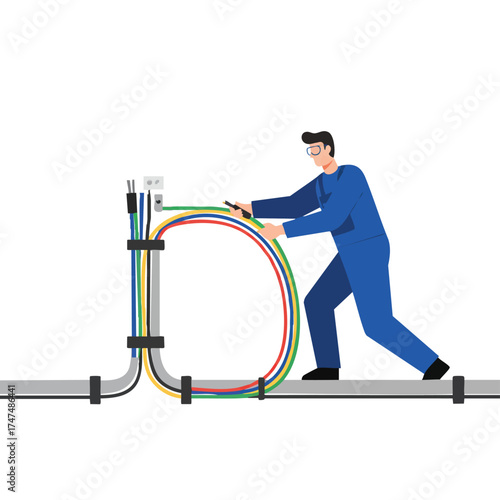 An electrician in a blue uniform works on electrical wiring, ensuring proper connections for optimal functionality and power distribution.