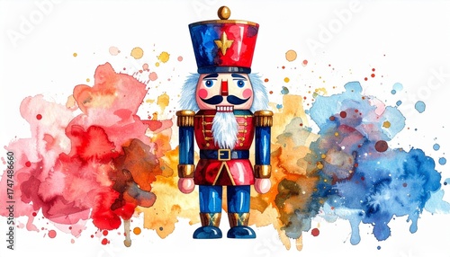 Watercolor Painting of a Decorative Nutcracker with Vibrant Splattered Paint