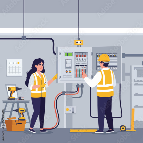 An illustration depicts two electricians inspecting an electrical panel, showcasing teamwork and expertise in a modern setting.