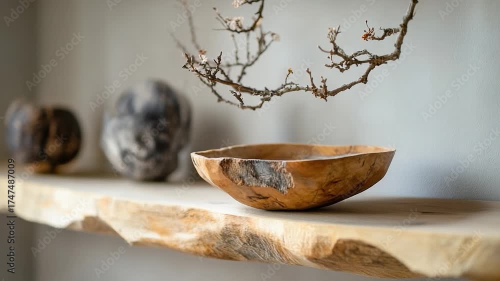 A simple wooden bowl sits atop a wooden shelf, ready for use