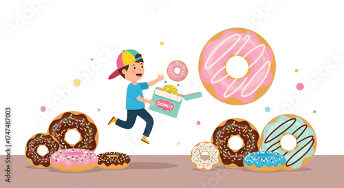 Joyful Child Presents Box Filled With Sweet, Delicious Pastries, Sprinkled Donuts