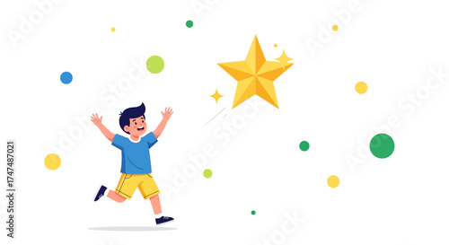 Joyful child reaching for a bright star in a whimsical and colorful illustration