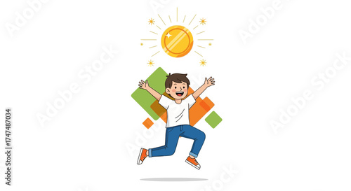 Joyful child reaching for golden coin illustrating achievement and success in life