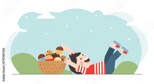 Joyful Child Reaching For Muffins Displayed In A Woven Basket In Nature
