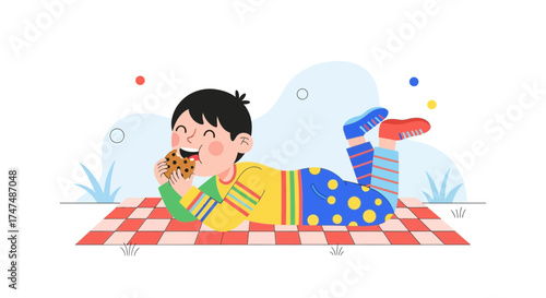 Joyful Child Relaxes And Eats Cookie While Enjoying Delightful Picnic Moment