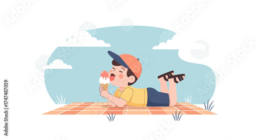 Joyful Child Relaxes And Savors Ice Cream On Sunny Day During Outdoor Picnic