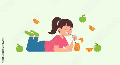Joyful Child Relaxes While Consuming Refreshing Juice With Fresh Fruit Illustration
