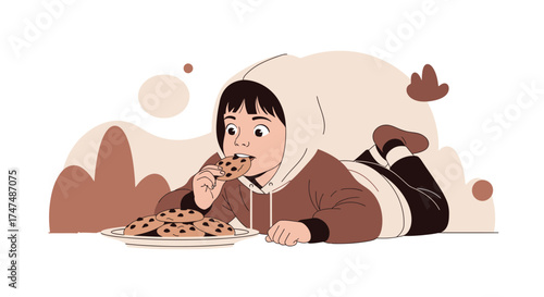 Joyful Child Relaxes Whilst Lovingly Consuming Chocolate Chip Cookies On A Plate.