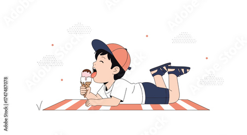 Joyful Child Relishes Ice Cream Treat Outdoors During Sunny Summer Day