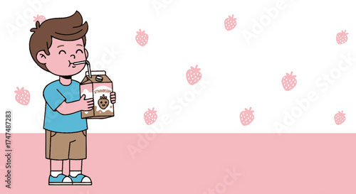 Joyful Child Sipping From a Strawberry Milk Carton In a Playful, Cute Illustration