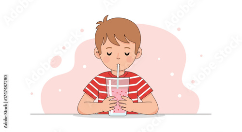 Joyful Child Sipping Refreshing Drink From A Tall Glass With Eyes Closed Gently