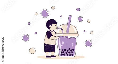 Joyful Child Sipping Vibrant Boba Tea Refreshment in a Playful Illustrated Scene