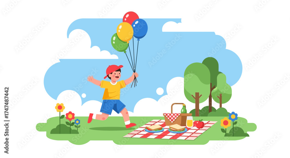 Obraz premium Joyful Child's Picnicking Adventure with Balloons on a Sunny Day Outdoors