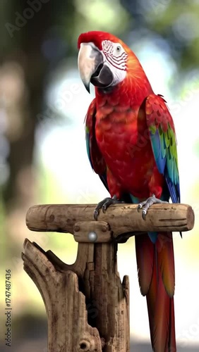 Vibrant Scarlet Macaw Perched on a Wooden Stand in a Lush Outdoor Setting.