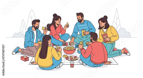 Joyful Company Gathering Enjoying Food And Drinks On A Picnic Adventure Outdoors