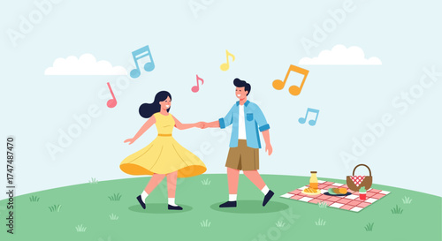 Joyful Couple Dancing Outdoors During a Musical Picnic Surrounded by Melodies.